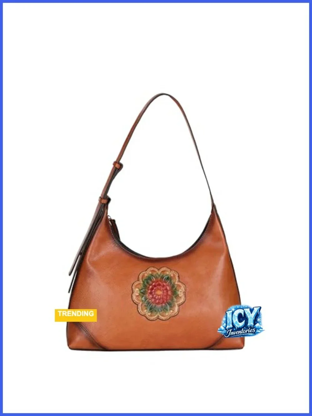 Genuine Cowhide Leather Handcrafted Embossed Floral Hobo Shoulder Bag Large